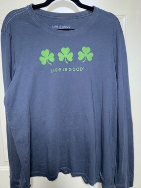 Life Is Good Navy Long Sleeve Tee with Bright Green Shamrocks